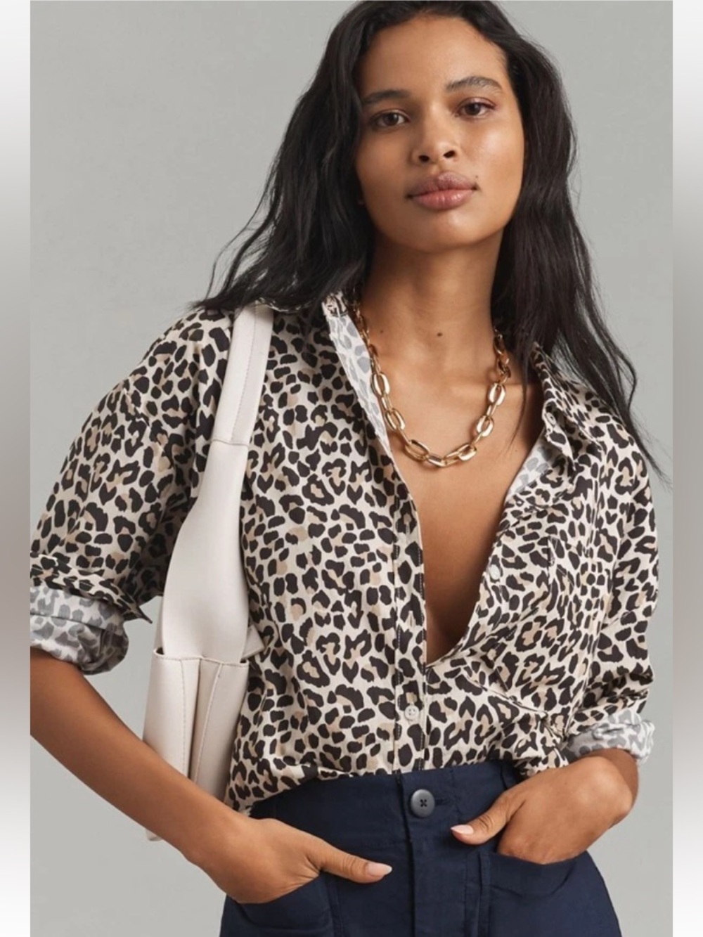 Maeve button-down shirt with a neutral leopard animal print. ⚜️